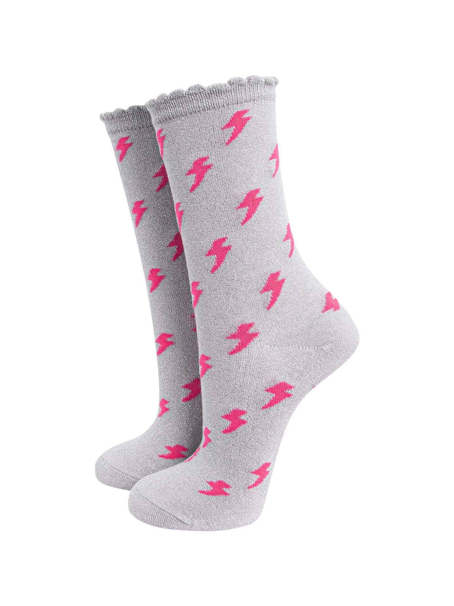 womens grey glitter socks with an all over pink lightning bolt pattern and glitter sparkle