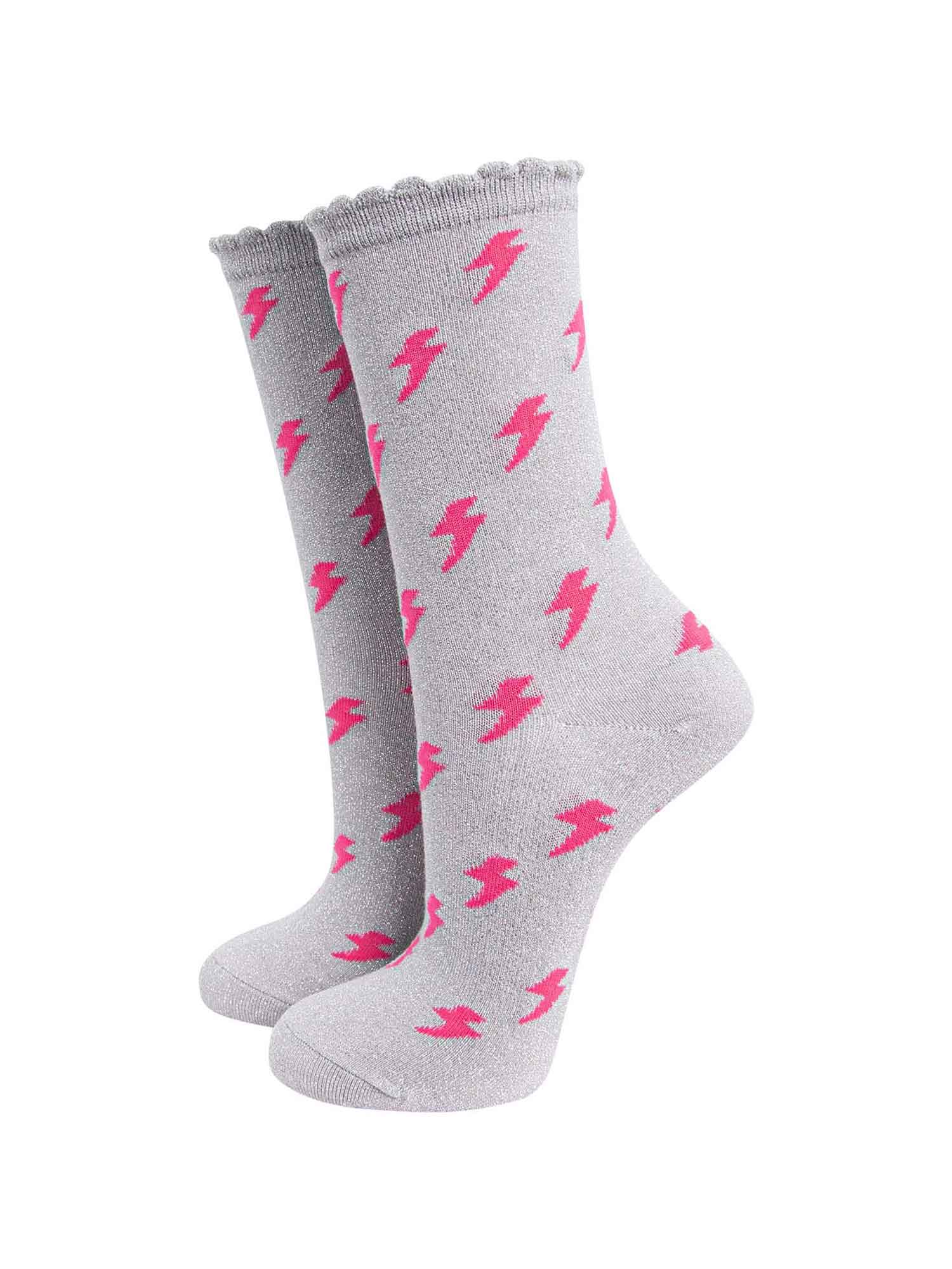womens grey glitter socks with an all over pink lightning bolt pattern and glitter sparkle