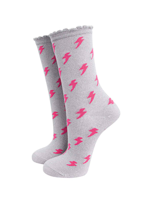 womens grey glitter socks with an all over pink lightning bolt pattern and glitter sparkle