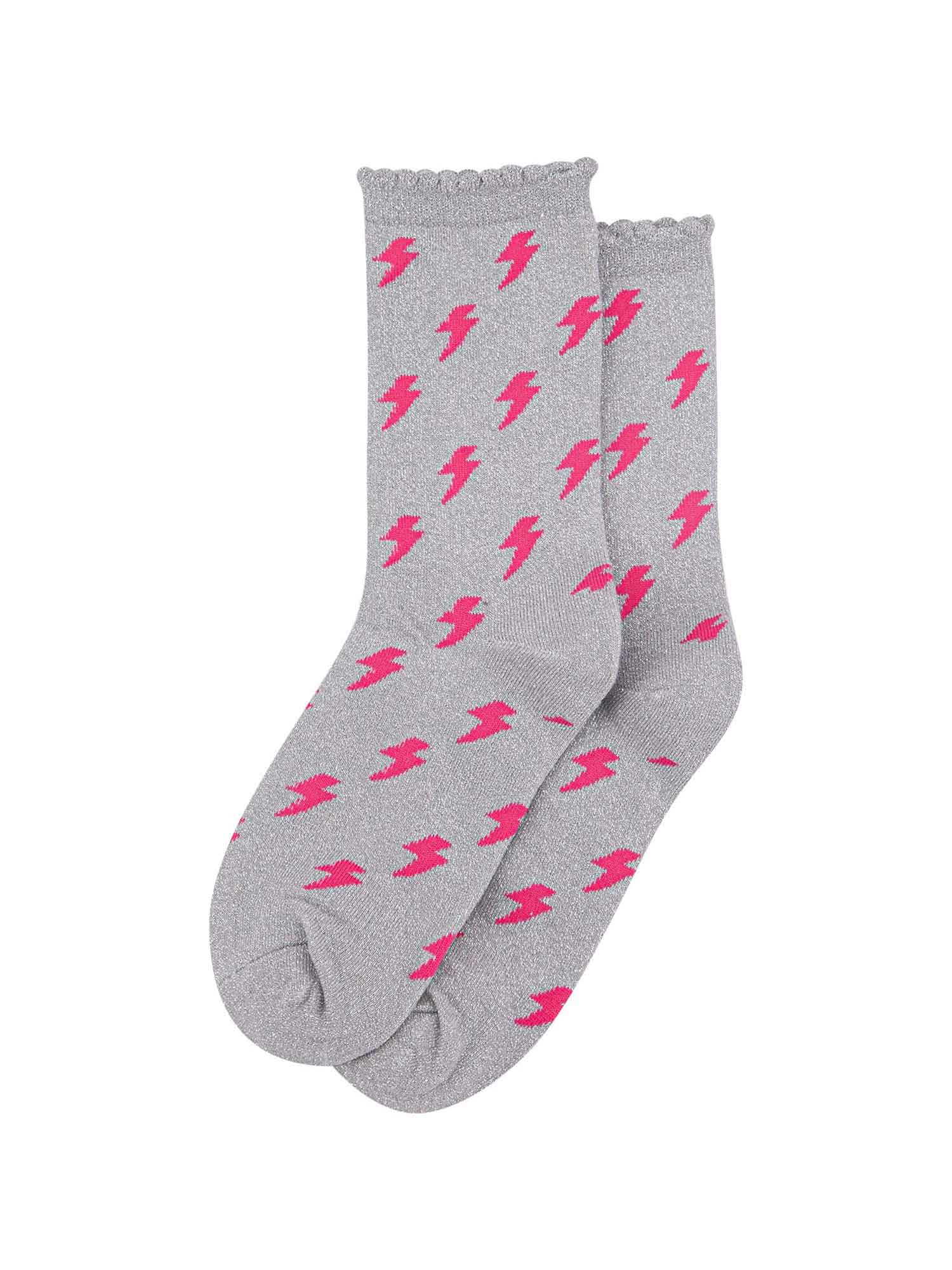 grey and pink glitter sparkle thunderbolt ankle socks