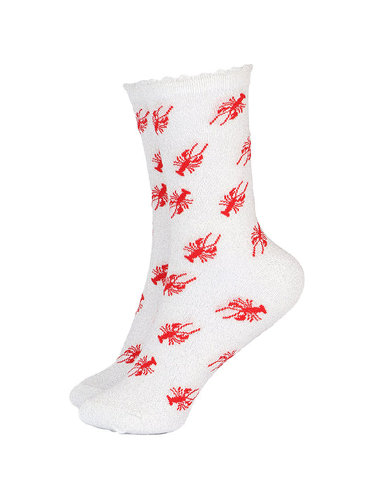 white cotton socks with an all over red lobster print pattern and silver glitter shimmer, the socks have a scalloped cuff edge