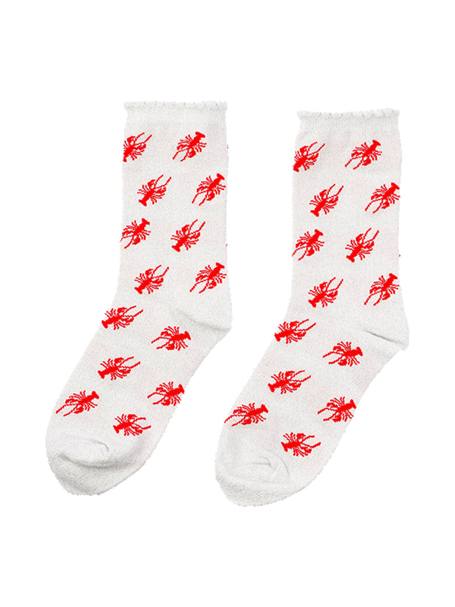 showing the socks laying flat, there is an all over silver glitter sparkle and red lobster pattern