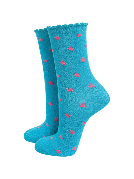 blue glitter ankle socks with an all over pink star pattern and scalloped cuffs