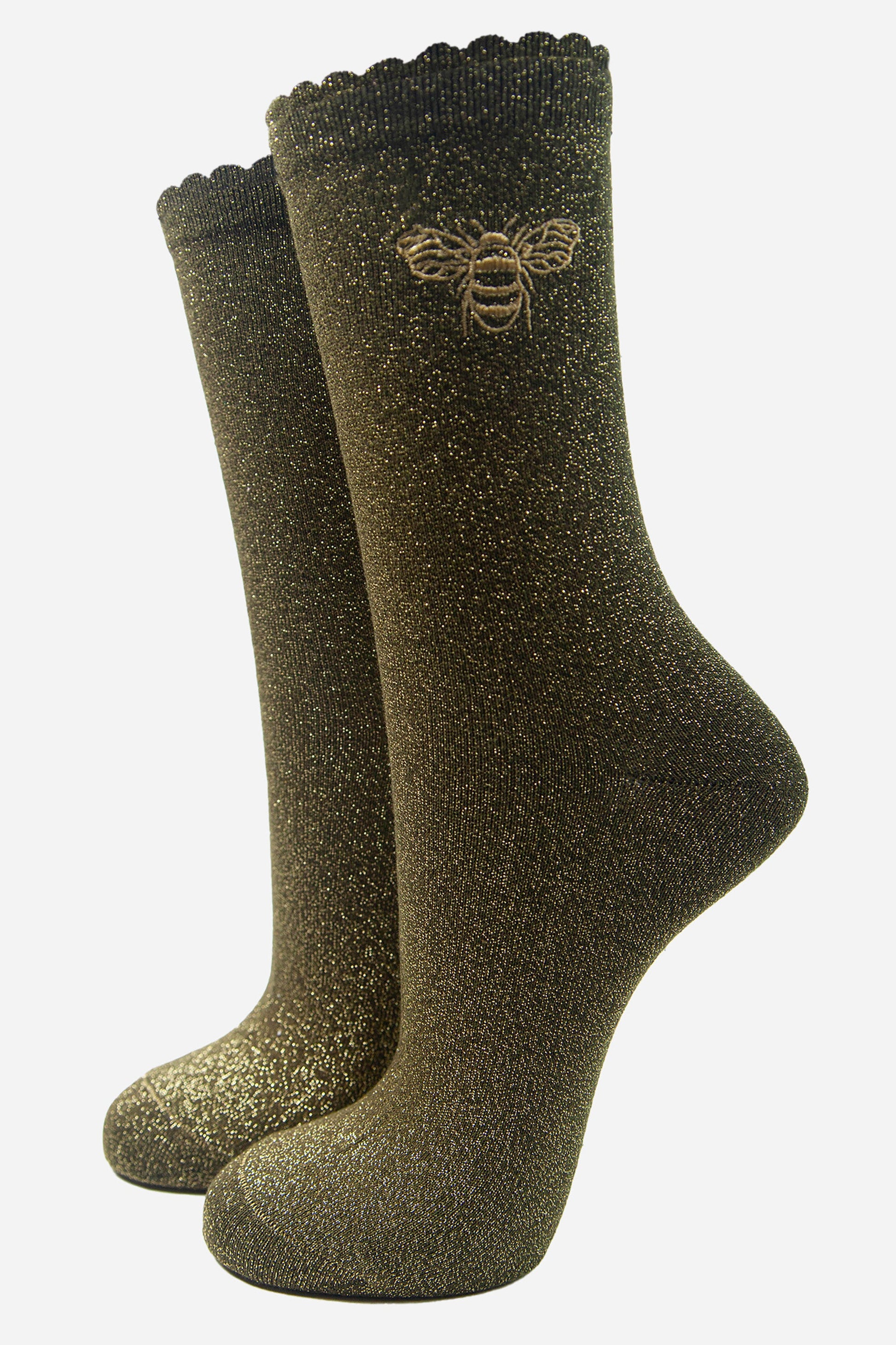 khaki green glitter socks with an all over sparkle and a gold embroidered bee on the ankle, the socks have scalloped cuffs