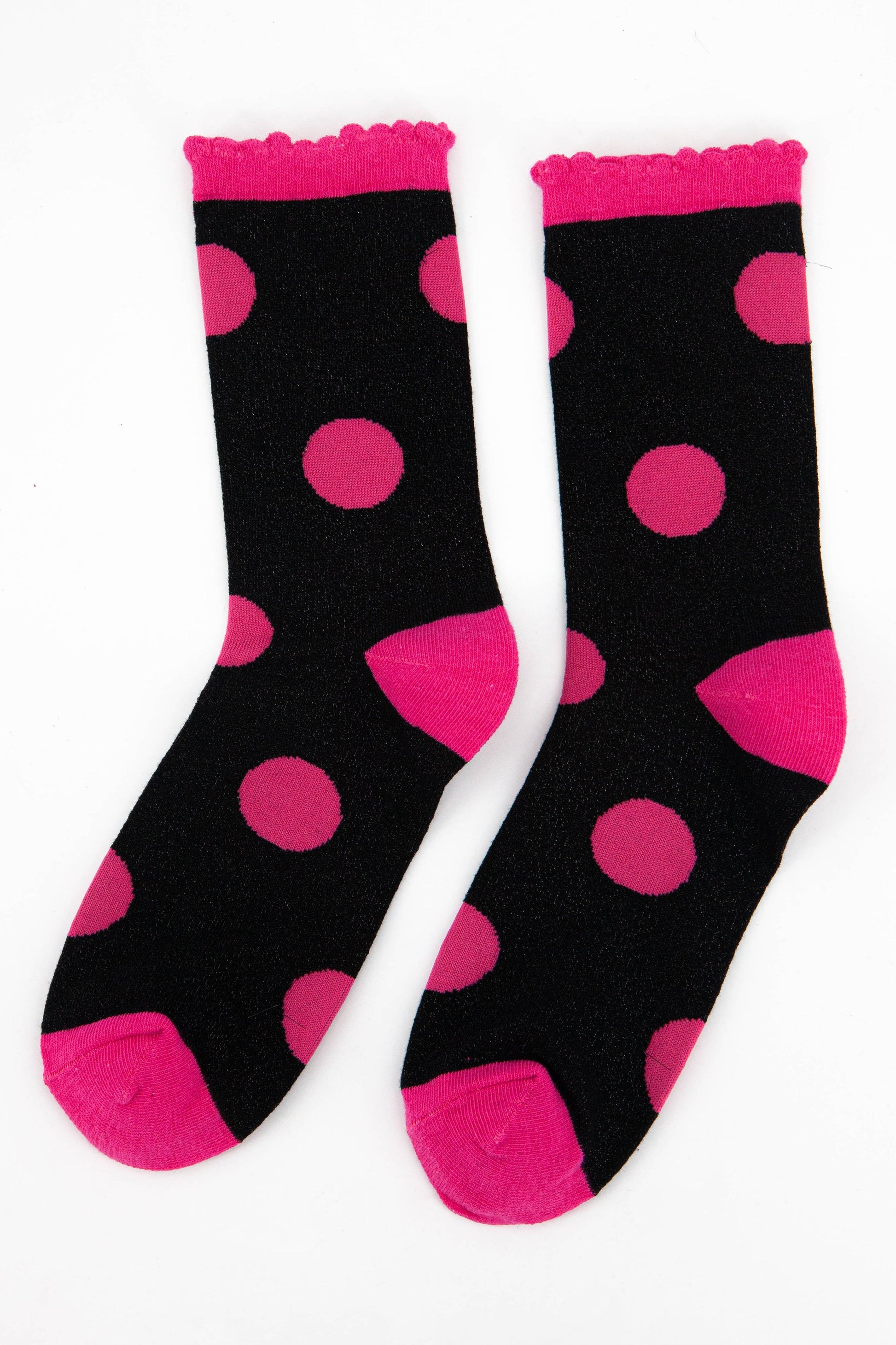 black and pink polka dot glitter ankle socks with pink scalloped cuffs