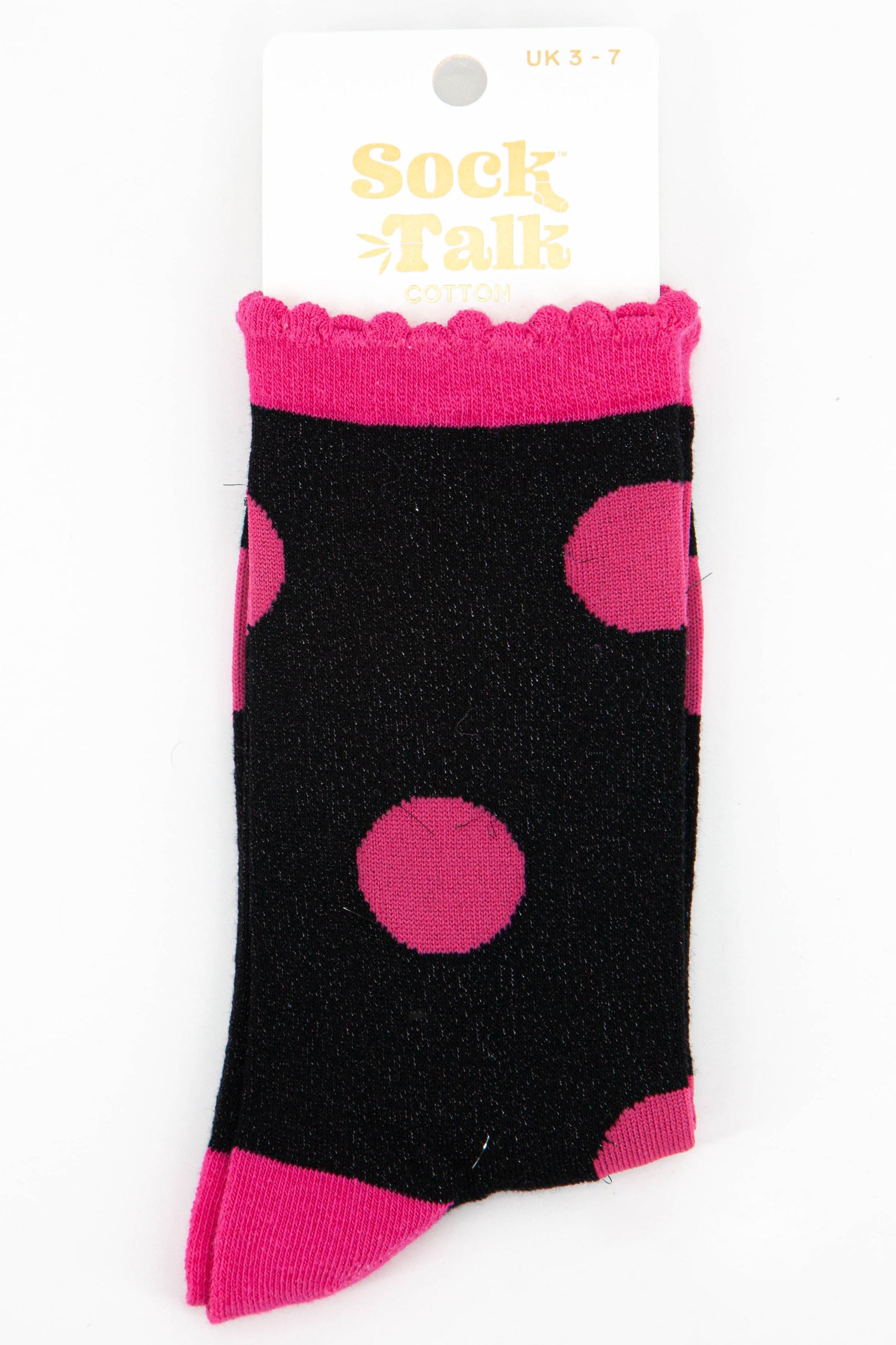 black and pink glitter ankle socks with a large spot pattern uk size 3-7