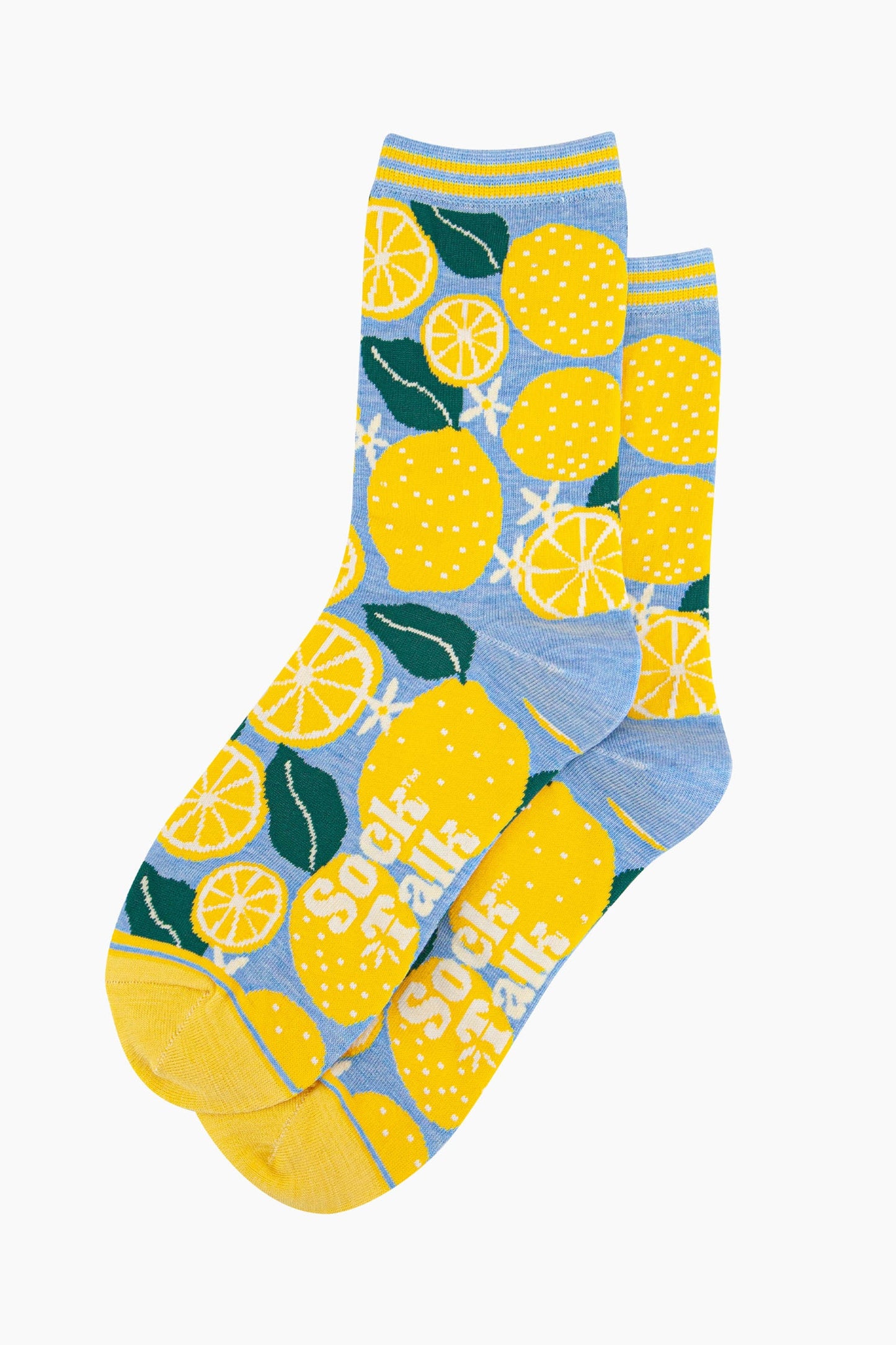 womens-bamboo-socks-blue-lemon-tree-laying-flat-yellow-citrus-fruits