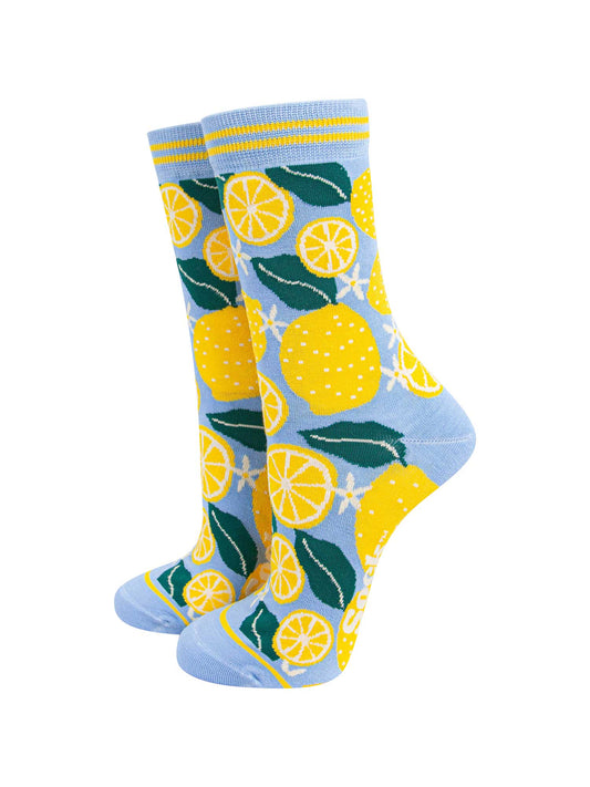 womens-bamboo-socks-blue-lemon-tree-fruit-leaves-blossom-flowers