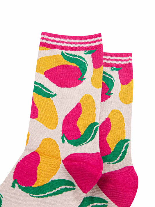close up of the mango fruit pattern and striped cuff on the bamboo ankle socks