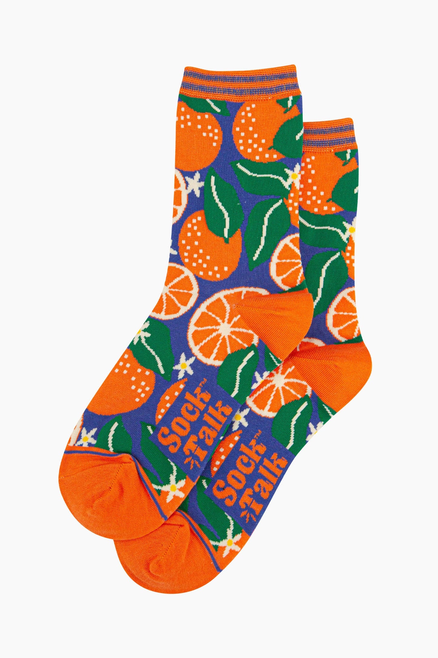 womens-bamboo-socks-blue-orange-tree-laying-flat-citrus-fruit-pattern