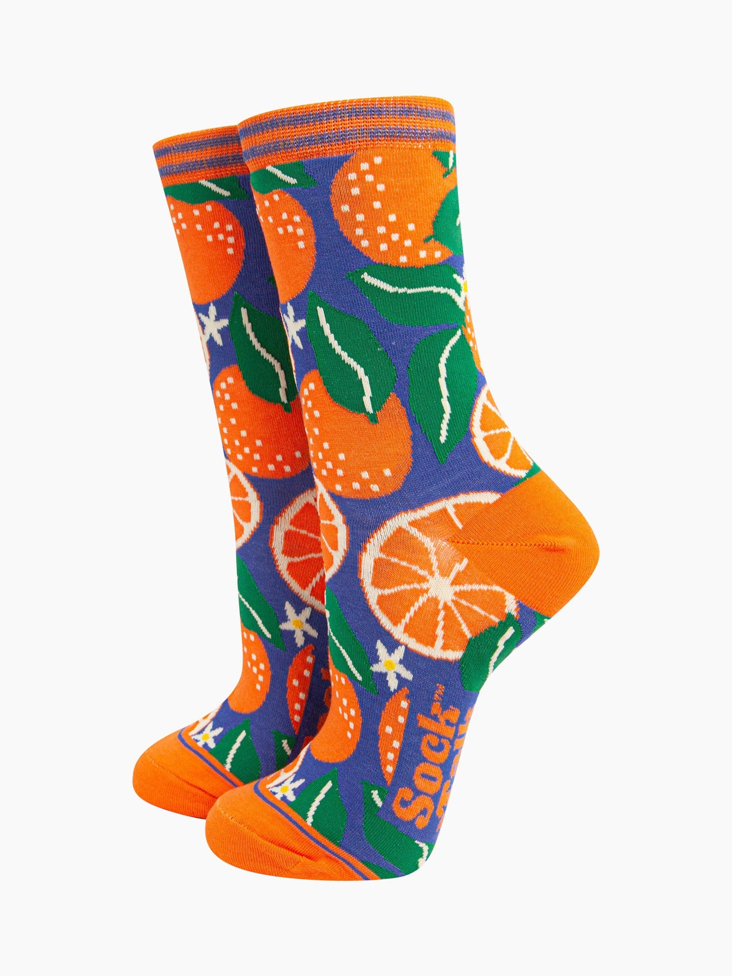 womens-bamboo-socks-blue-orange-tree-fruit-leaf-patterned