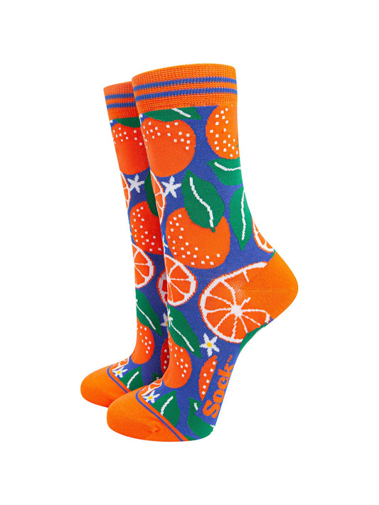 womens-bamboo-socks-blue-orange-tree-fruit-leaf-patterned