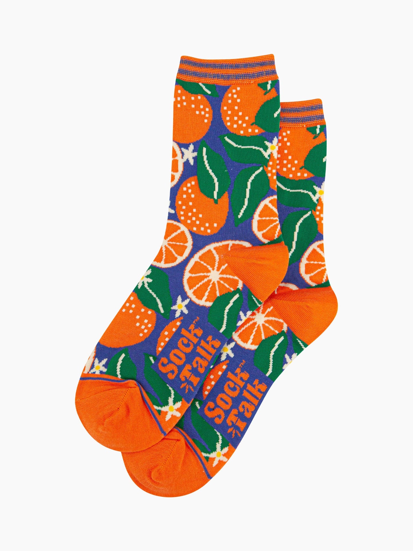 womens-bamboo-socks-blue-orange-tree-laying-flat-citrus-fruit-pattern