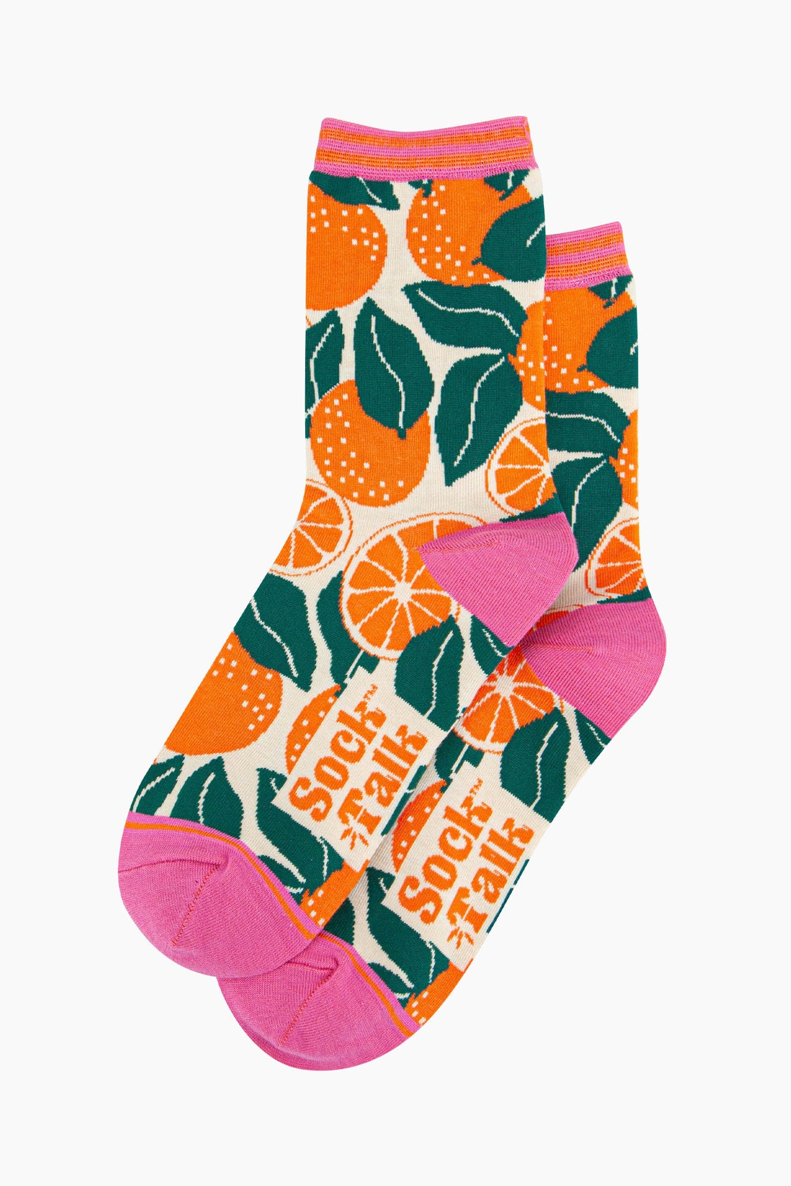 womens-bamboo-socks-cream-orange-tree-laying-flat-fruit-print