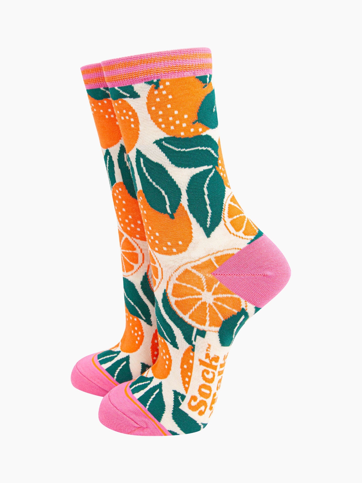 womens-bamboo-socks-cream-orange-tree-fruit-leaf-pattern