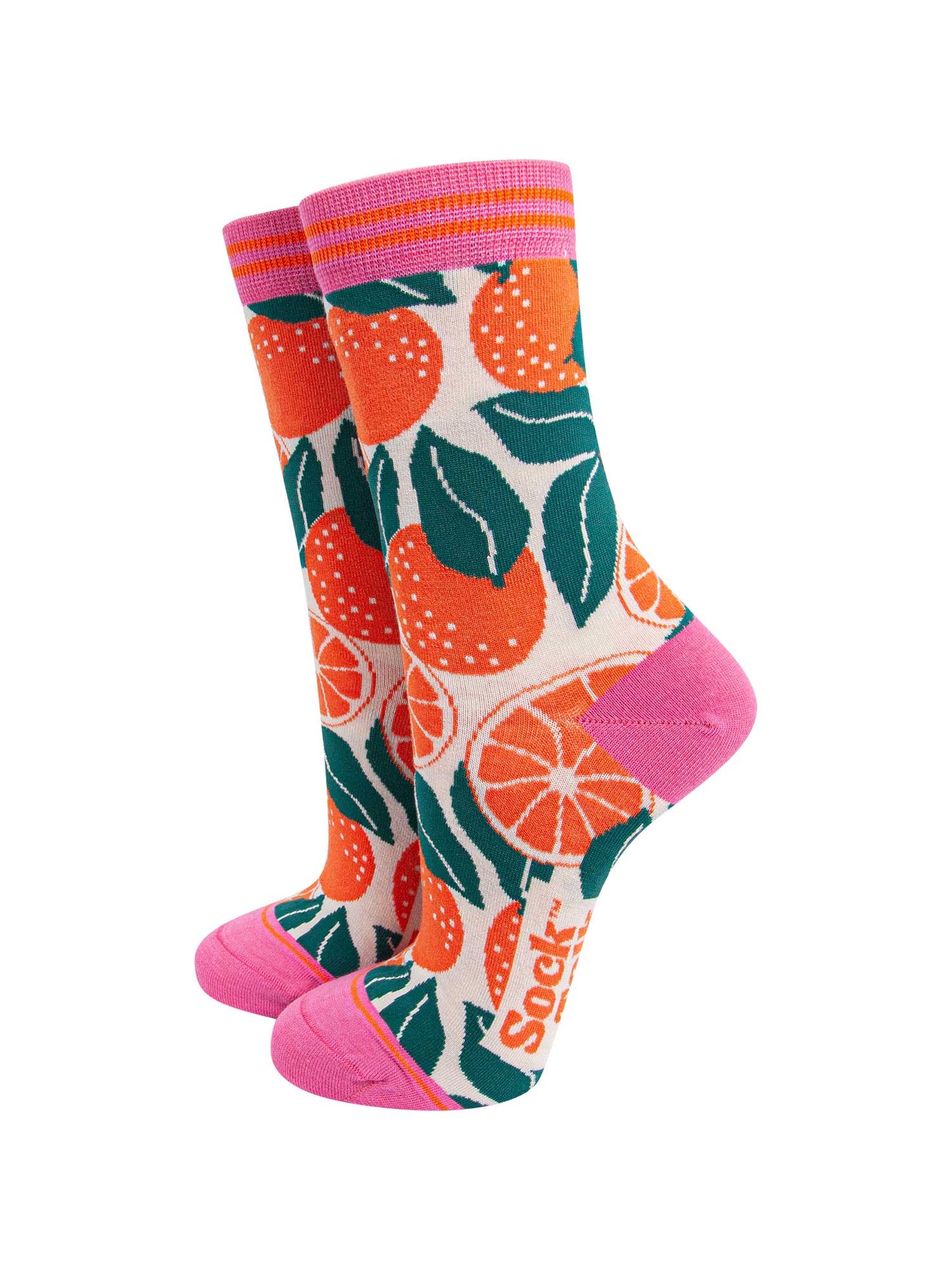 womens-bamboo-socks-cream-orange-tree-fruit-leaf-pattern