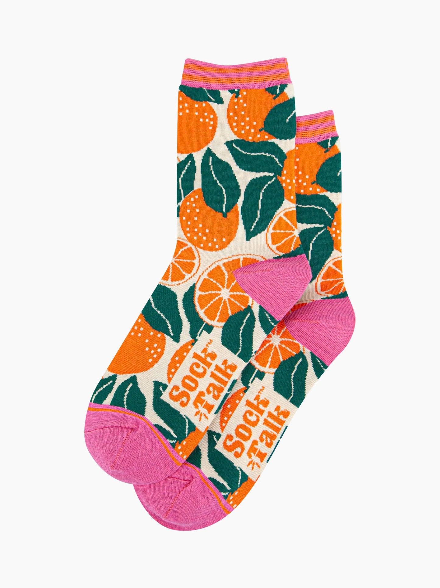 womens-bamboo-socks-cream-orange-tree-laying-flat-fruit-print