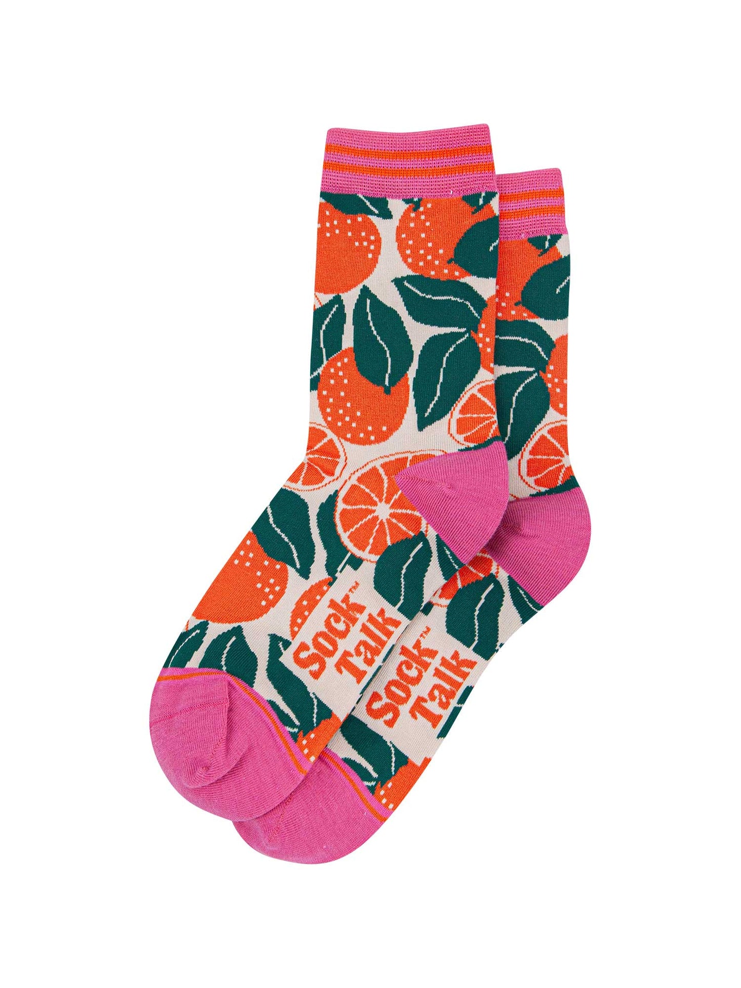 womens-bamboo-socks-cream-orange-tree-laying-flat-fruit-print