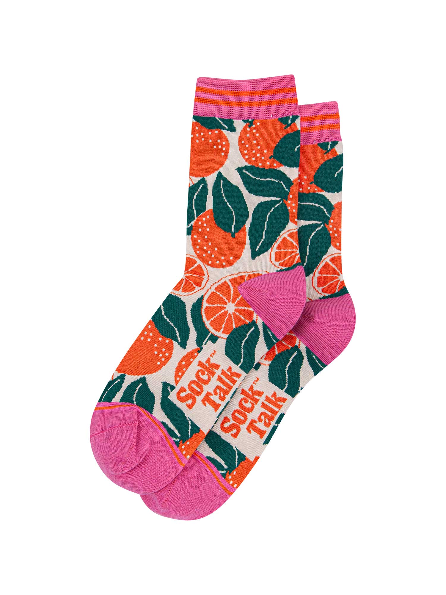 womens-bamboo-socks-cream-orange-tree-laying-flat-fruit-print