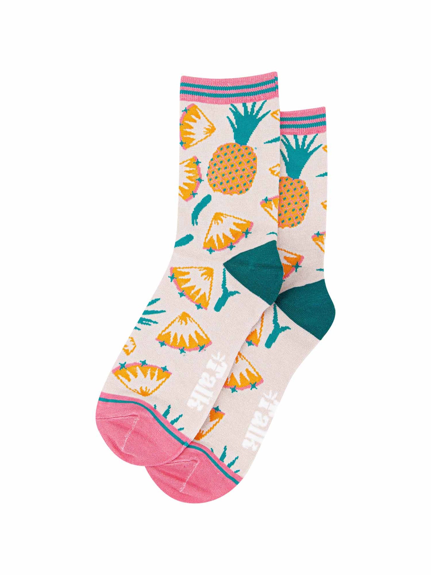 womens pineapple fruit socks in cream, pink and green 