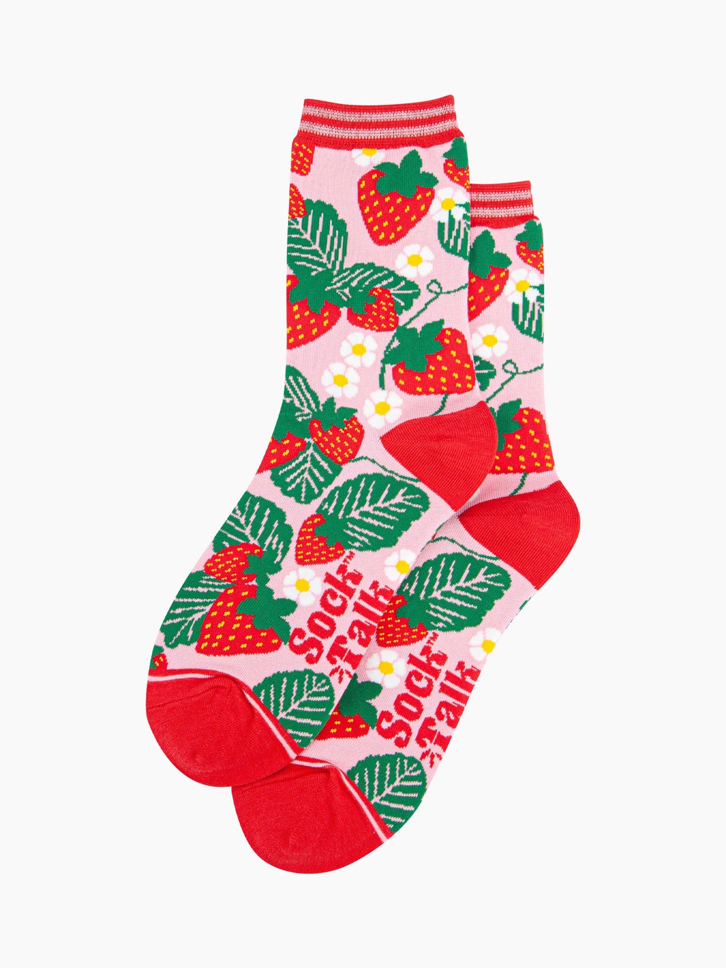 womens-bamboo-socks-pink-strawberries-laying-flat-strawberry-plants