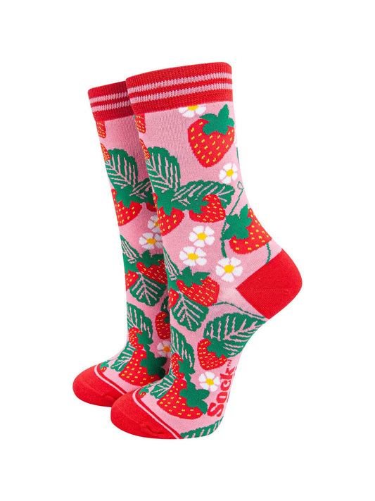 womens-bamboo-socks-pink-strawberries-summer-fruit-plants-flowers