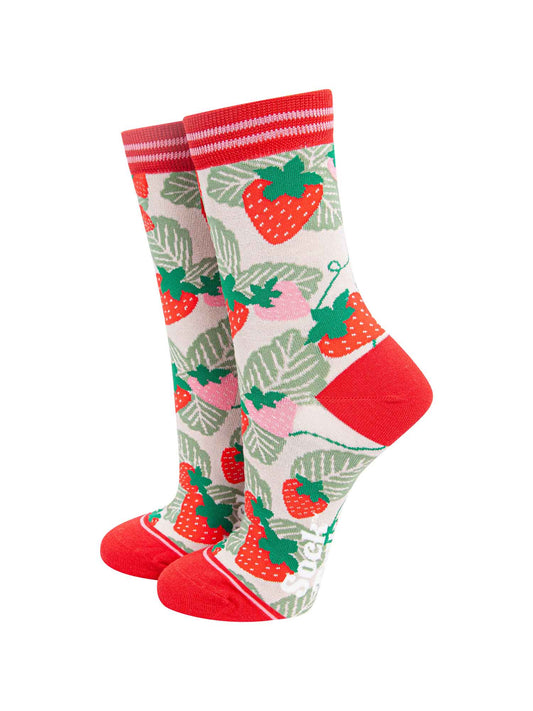 cream and red bamboo ankle socks with an all over strawberry fruit pattern