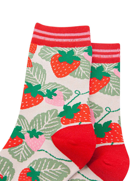 close up of the strawberry pattern on the bamboo socks