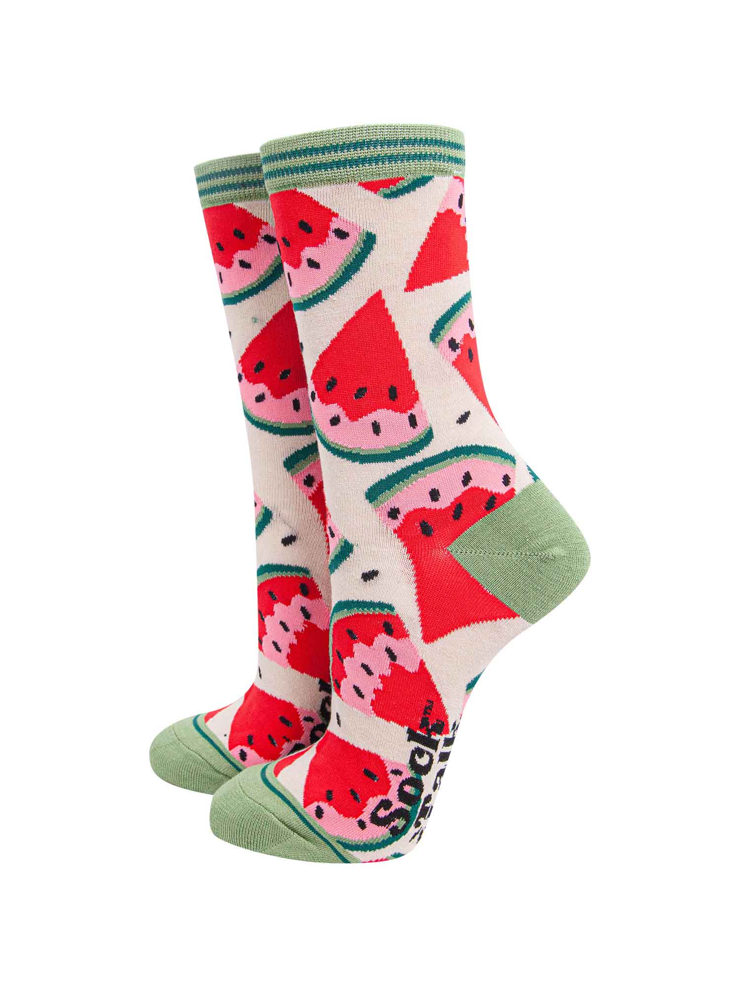 red and green bamboo ankle socks featuring an all over watermelon slice pattern