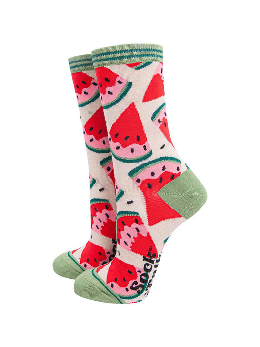 red and green bamboo ankle socks featuring an all over watermelon slice pattern