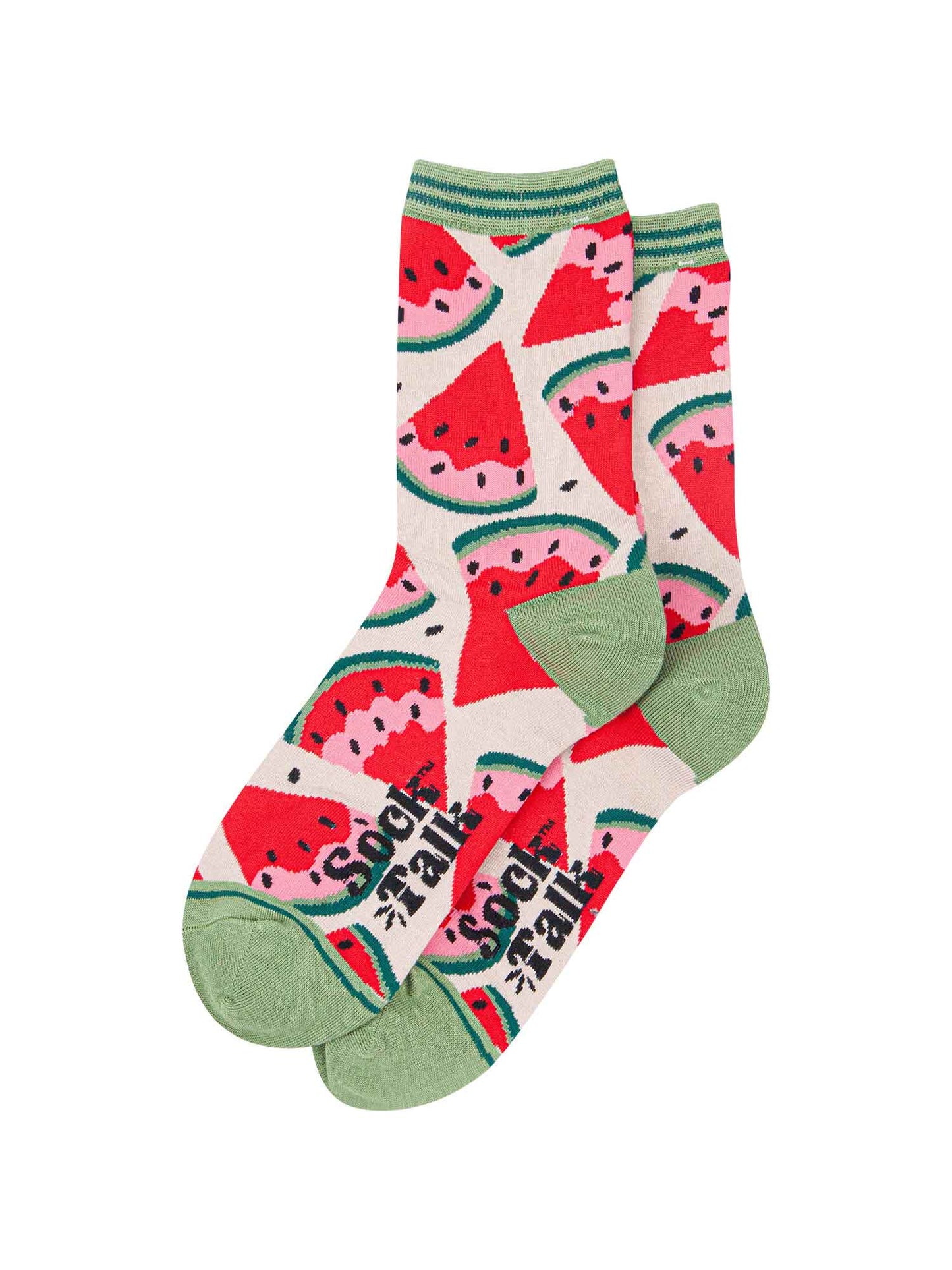 womens watermelon fruit slice socks in green and red