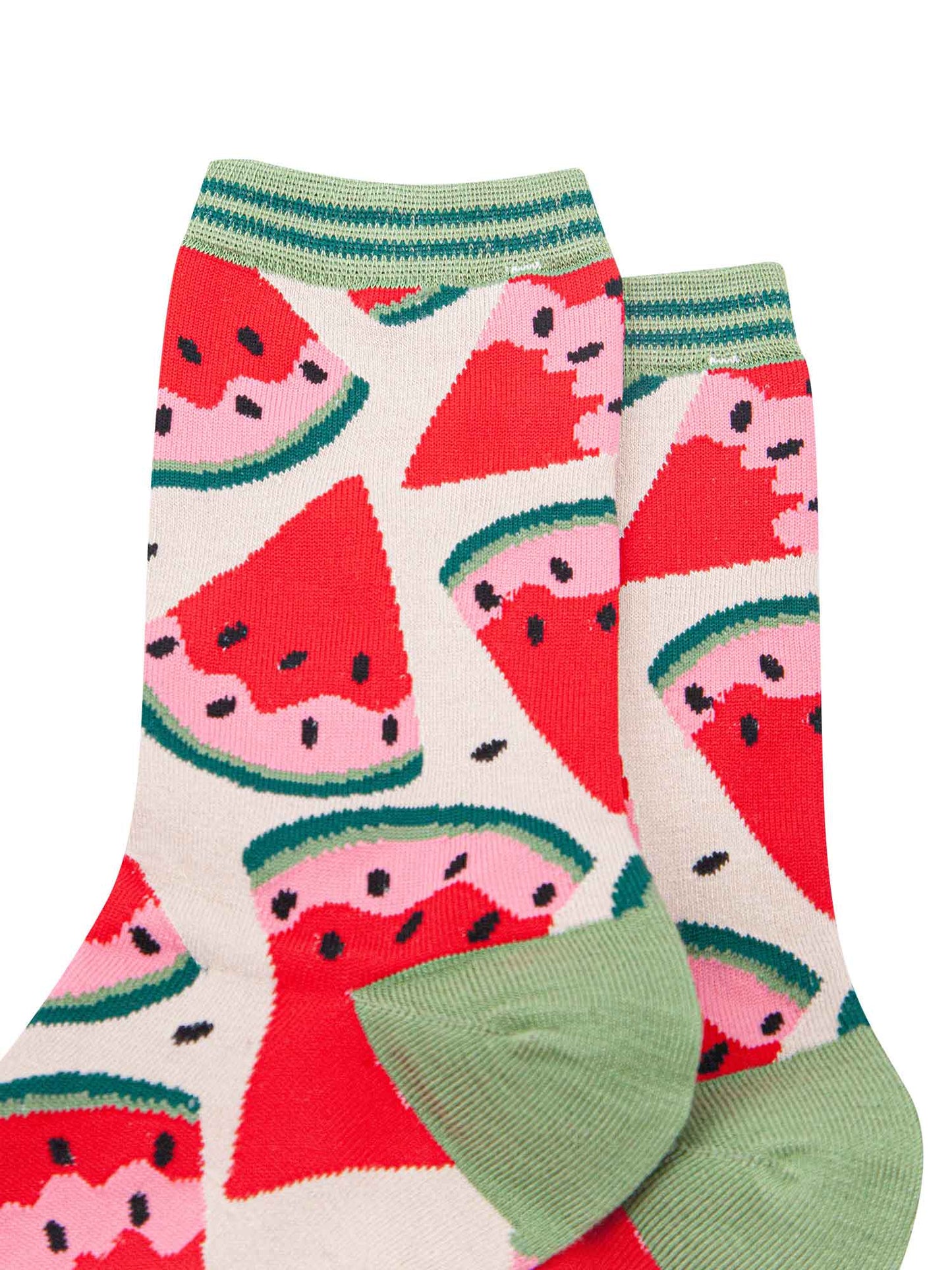 close up of the watermelon slice pattern and the green striped cuff