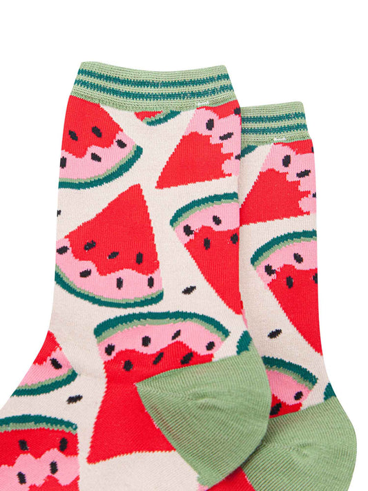 close up of the watermelon slice pattern and the green striped cuff