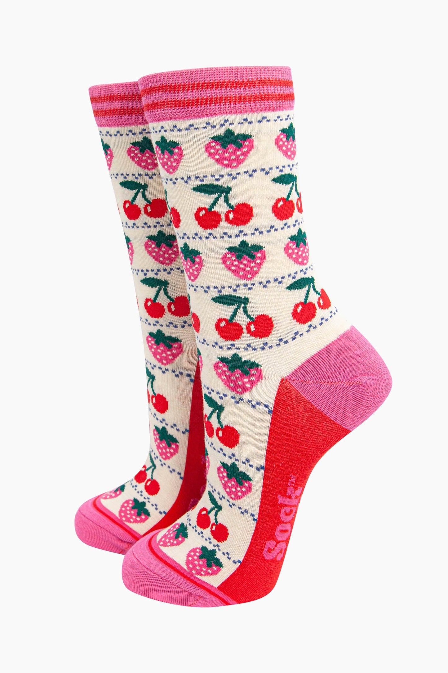 womens-bamboo-socks-cream-strawberry-cherry-fair-isle-showing-the-all-over-pattern-red-cherries-and-pink-strawberries-in-rows-separated-by-small-fair-isle-dots