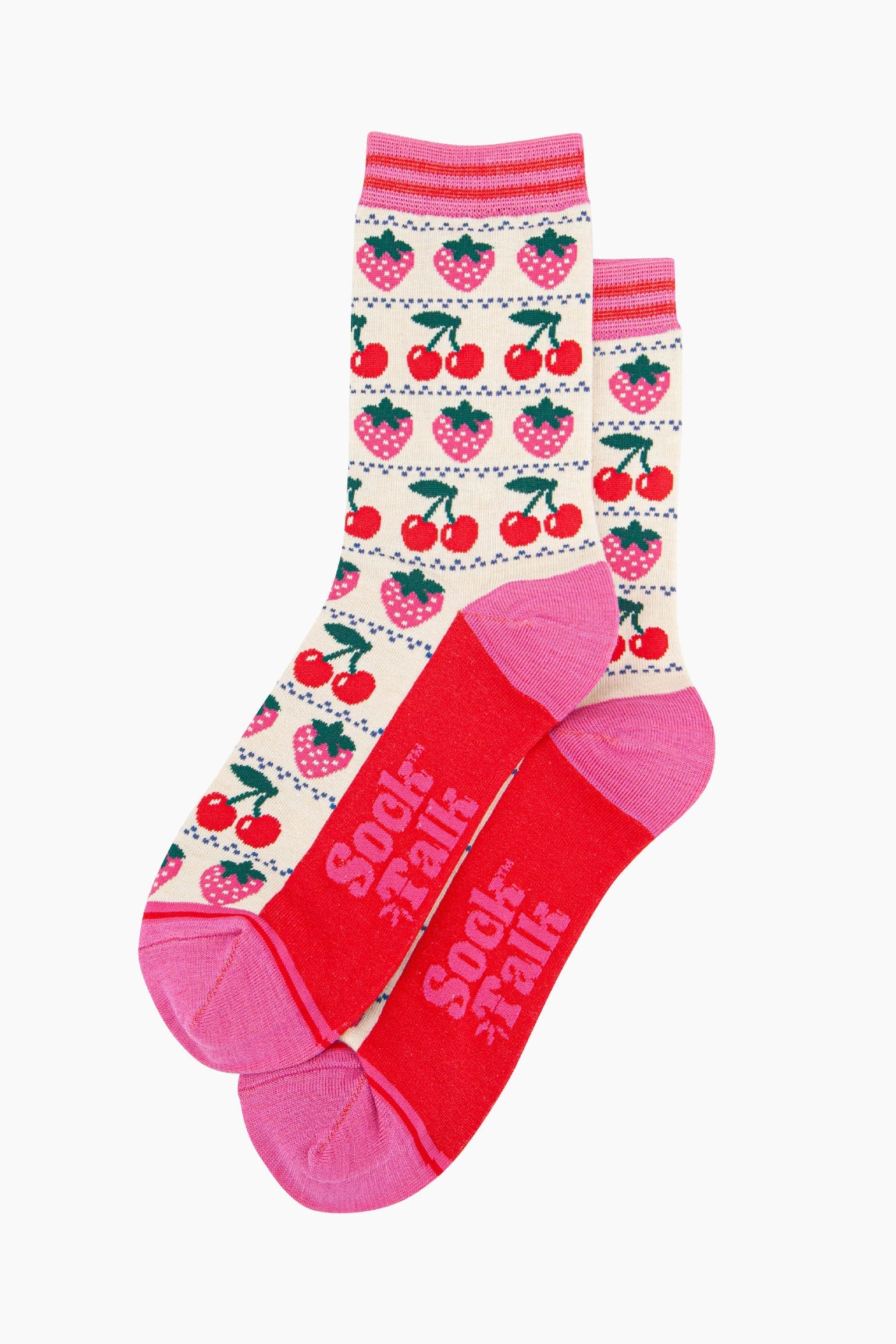 womens-bamboo-socks-cream-strawberry-cherry-fair-isle-laying-flat-showing-all-over-pattern