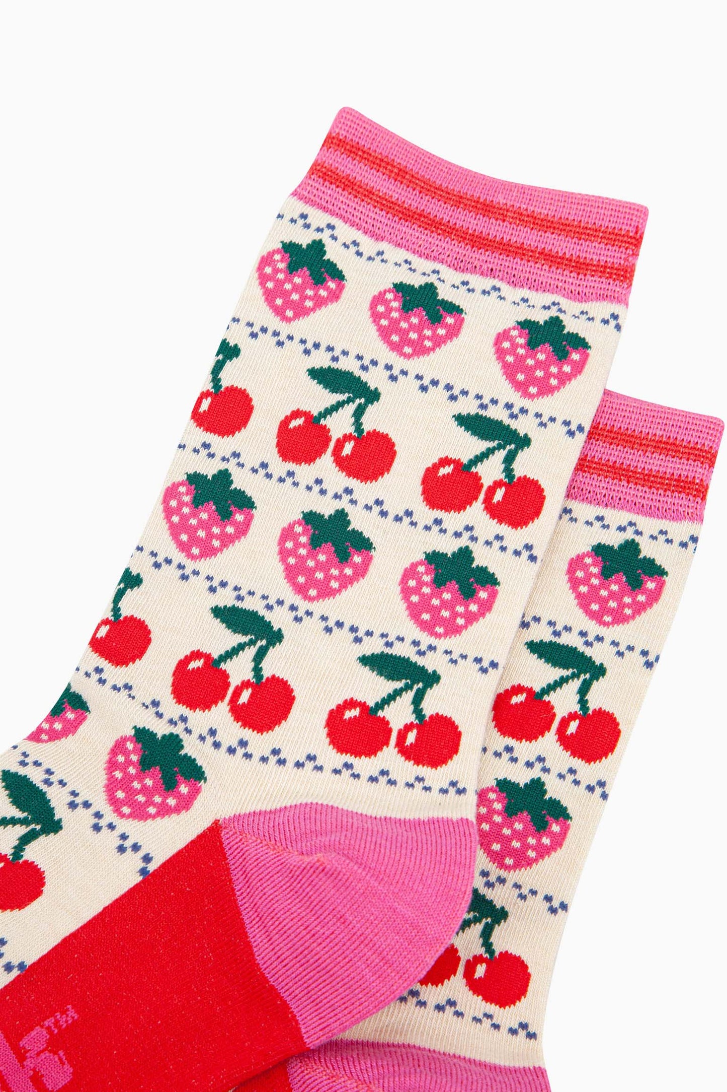 womens-bamboo-socks-cream-strawberry-cherry-fair-isle-close-up-of-the-fruit-pattern-red-cherries-and-pink-strawberries