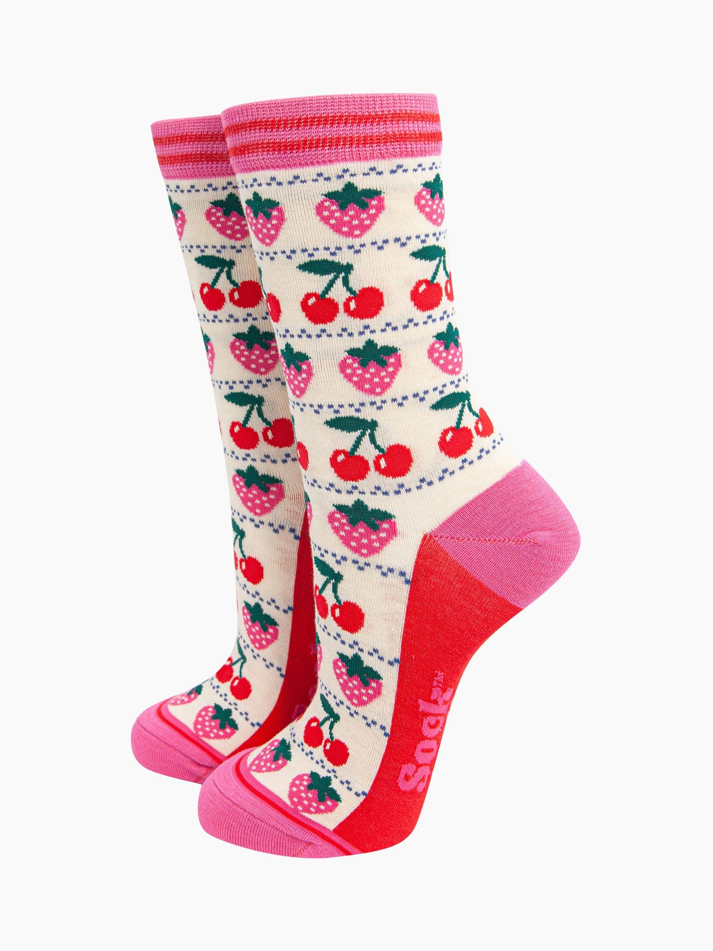 womens-bamboo-socks-cream-strawberry-cherry-fair-isle-showing-the-all-over-pattern-red-cherries-and-pink-strawberries-in-rows-separated-by-small-fair-isle-dots