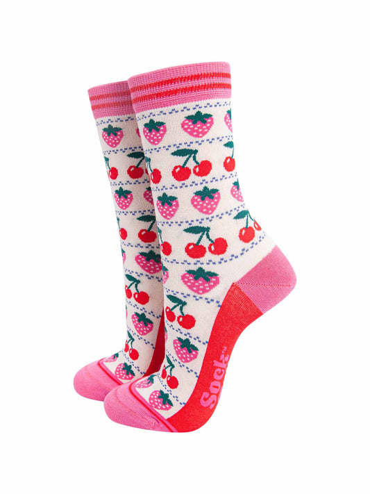 womens-bamboo-socks-cream-strawberry-cherry-fair-isle-showing-the-all-over-pattern-red-cherries-and-pink-strawberries-in-rows-separated-by-small-fair-isle-dots