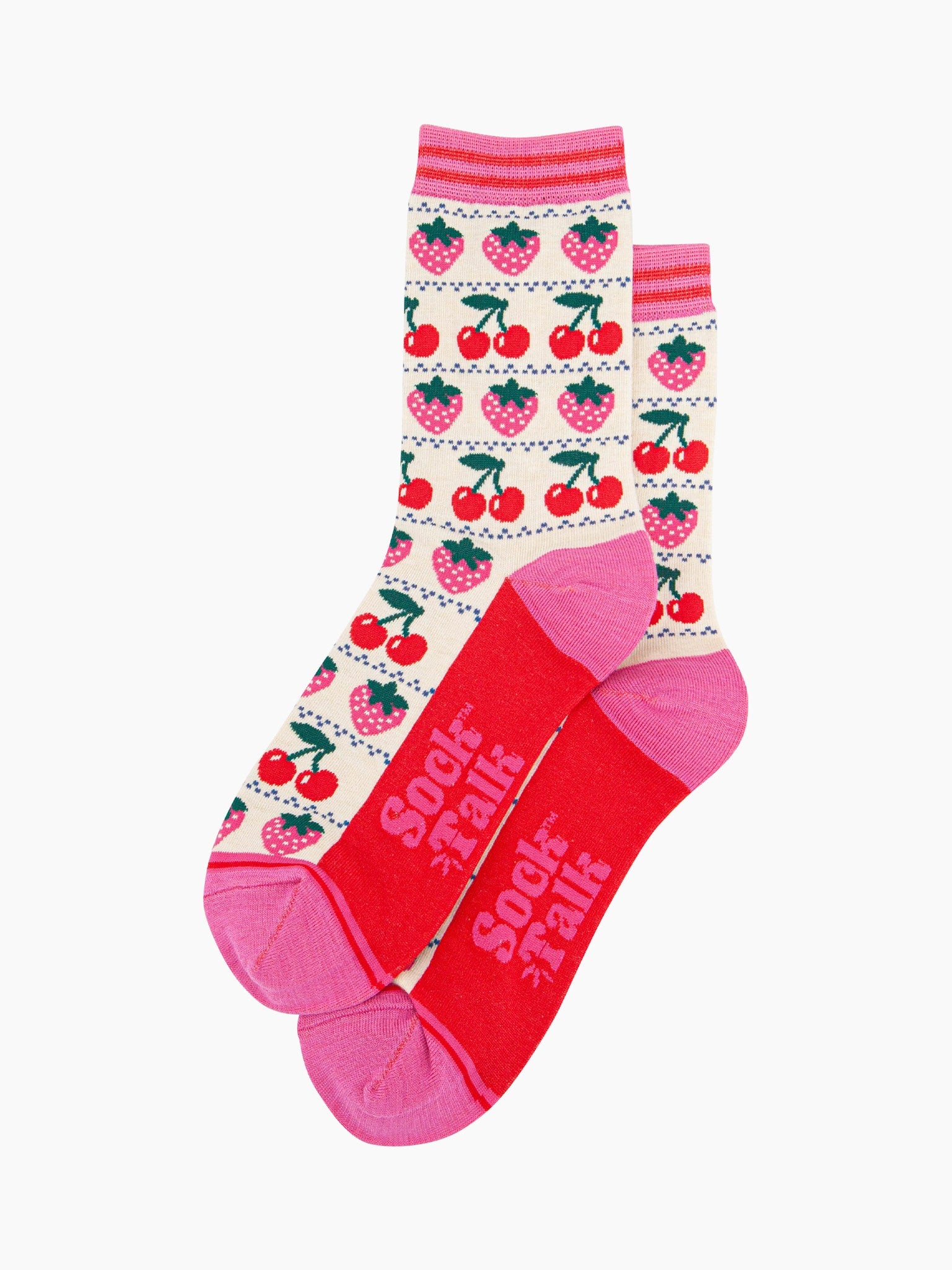 womens-bamboo-socks-cream-strawberry-cherry-fair-isle-laying-flat-showing-all-over-pattern