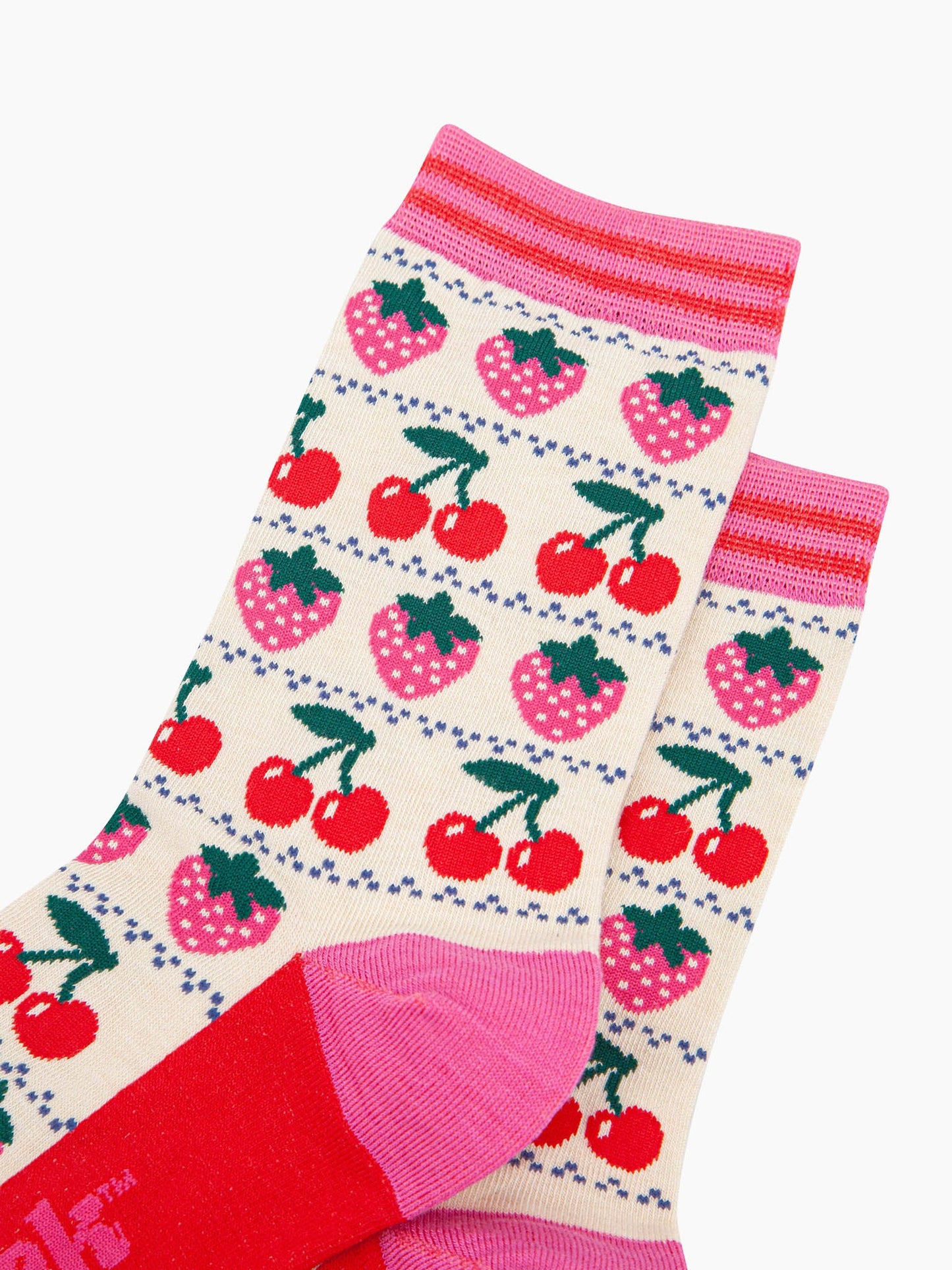 womens-bamboo-socks-cream-strawberry-cherry-fair-isle-close-up-of-the-fruit-pattern-red-cherries-and-pink-strawberries