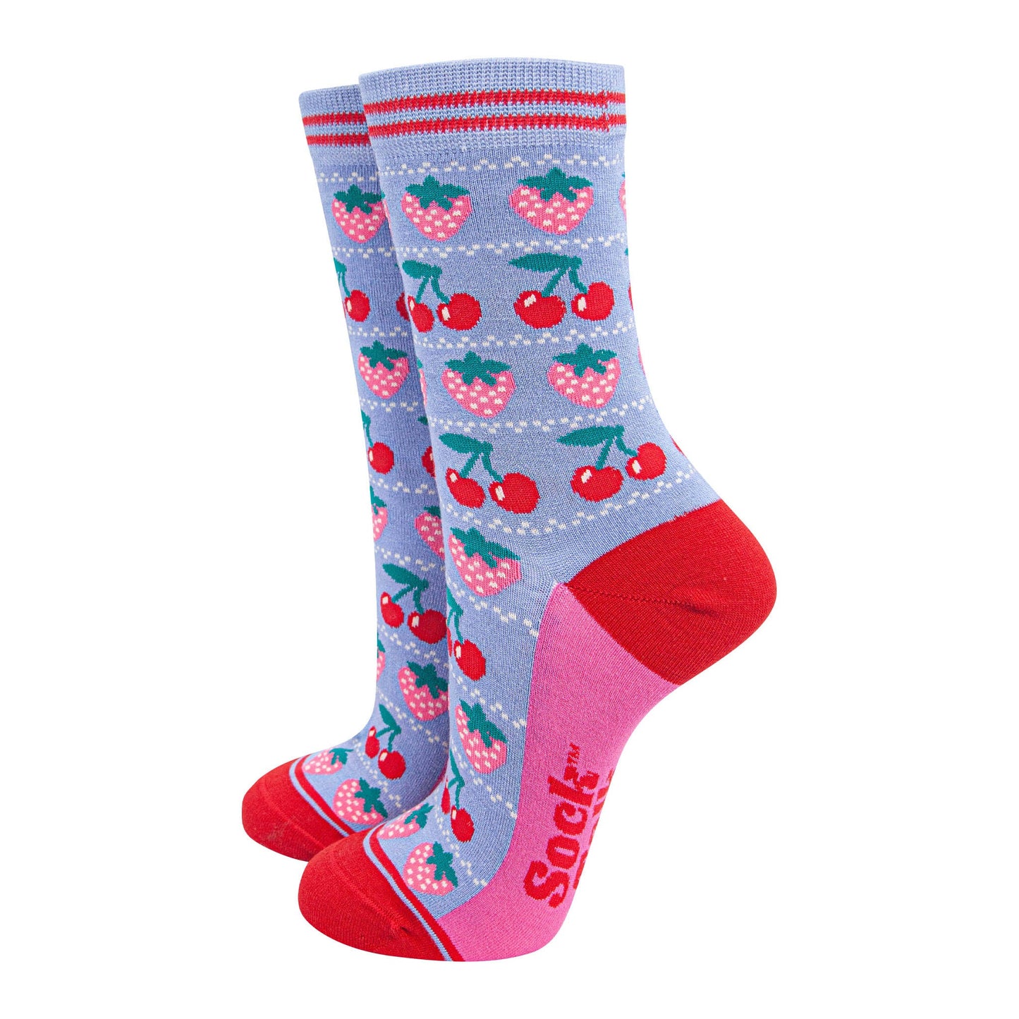 womens-bamboo-socks-light-blue-red-strawberries-fruit-cherries