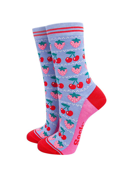 womens-bamboo-socks-light-blue-red-strawberries-fruit-cherries