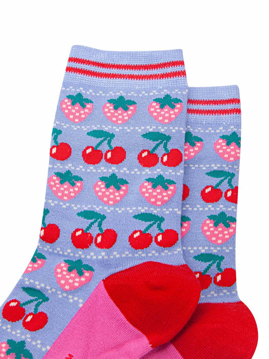 womens-bamboo-socks-light-blue-red-strawberries-close-up