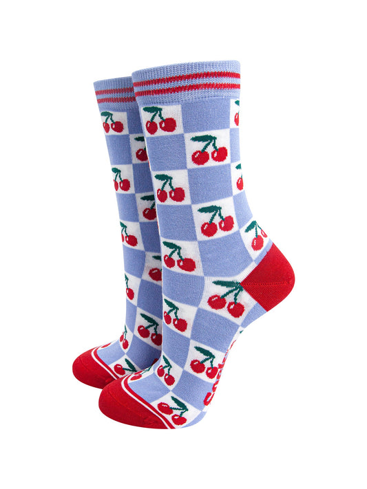 Cherry-Checkerboard-Bamboo-Socks-in-Blue-On-Foot-Mannequin