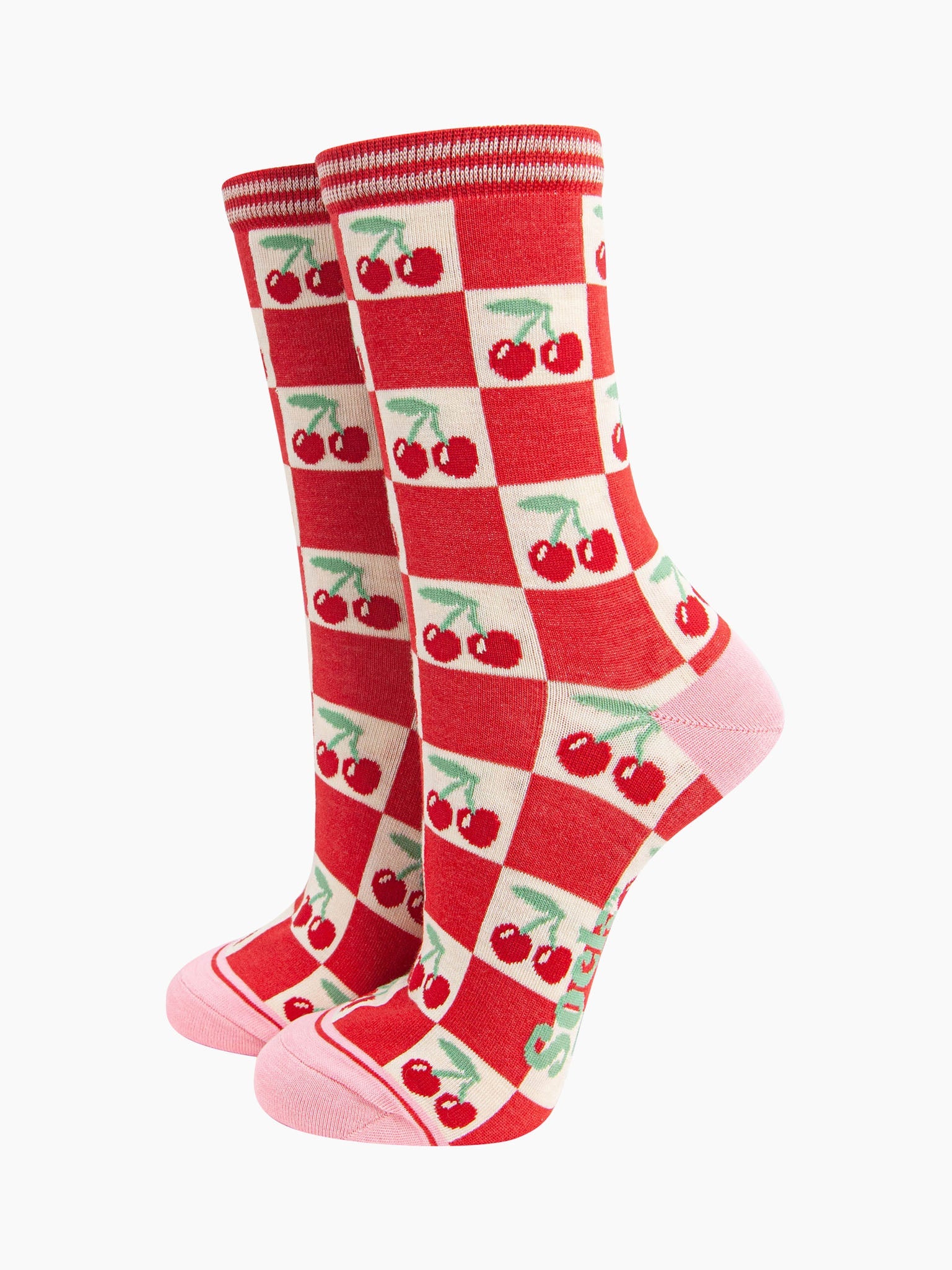 womens-bamboo-socks-cream-red-cherry-squares-socks-standing-upright-the-checked-pattern-is red-and-cream-the-cream-squares-feature-red-cherries