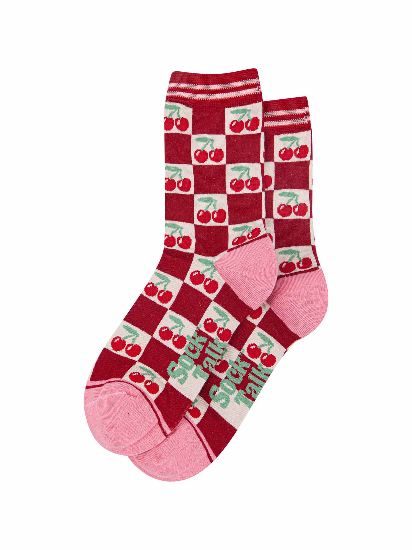 womens-bamboo-socks-cream-red-cherry-squares-laying-flat-showing-the-all-over-pattern