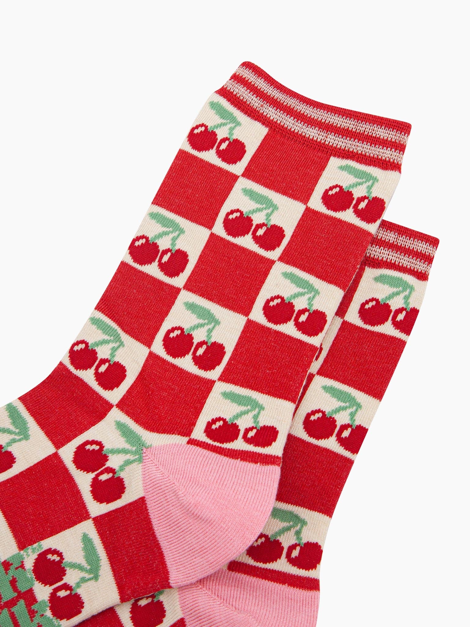 womens-bamboo-socks-cream-red-cherry-squares-close-up-of-the-check-pattern-featuring-red-cherries