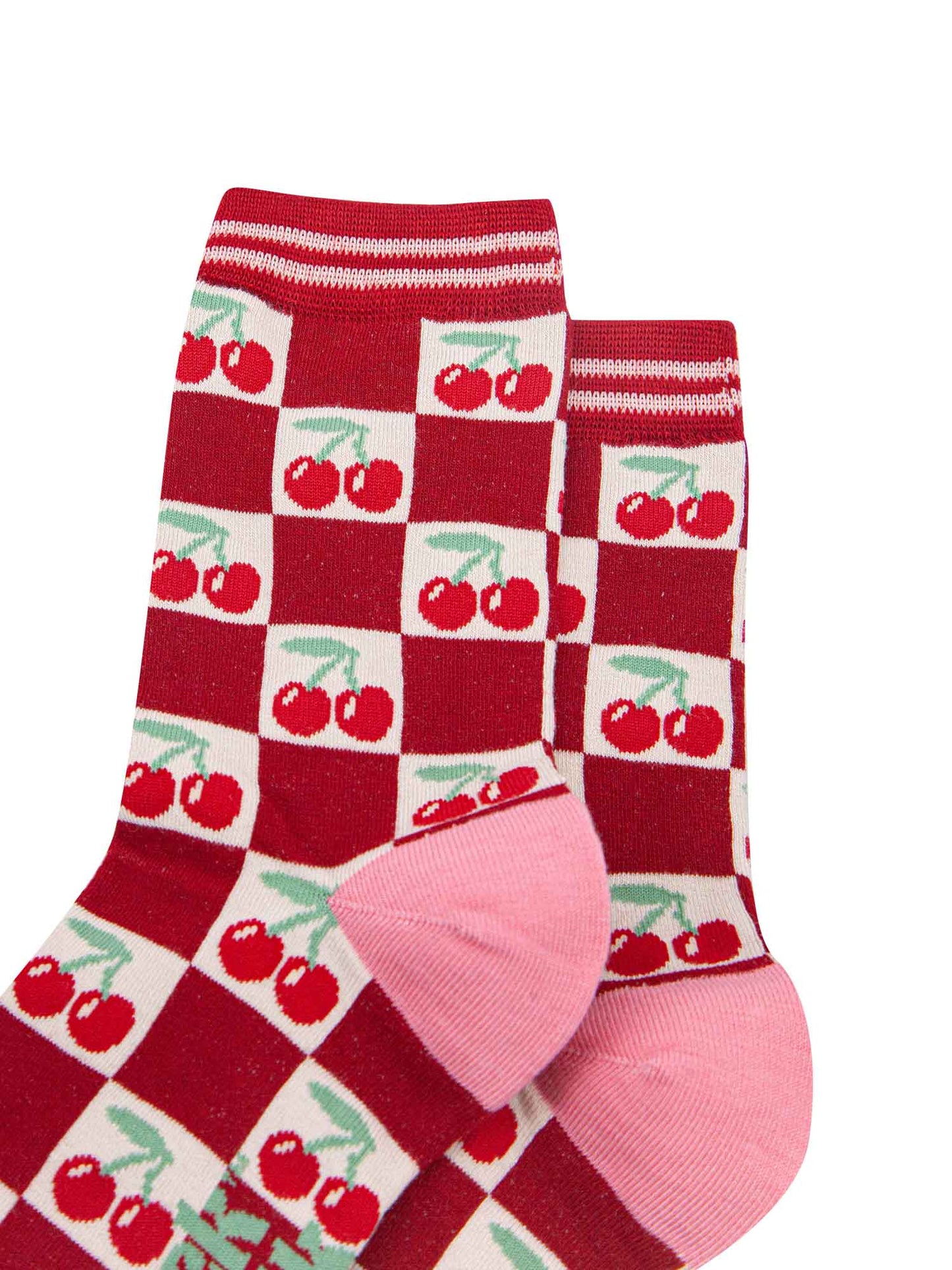 womens-bamboo-socks-cream-red-cherry-squares-close-up-of-the-check-pattern-featuring-red-cherries