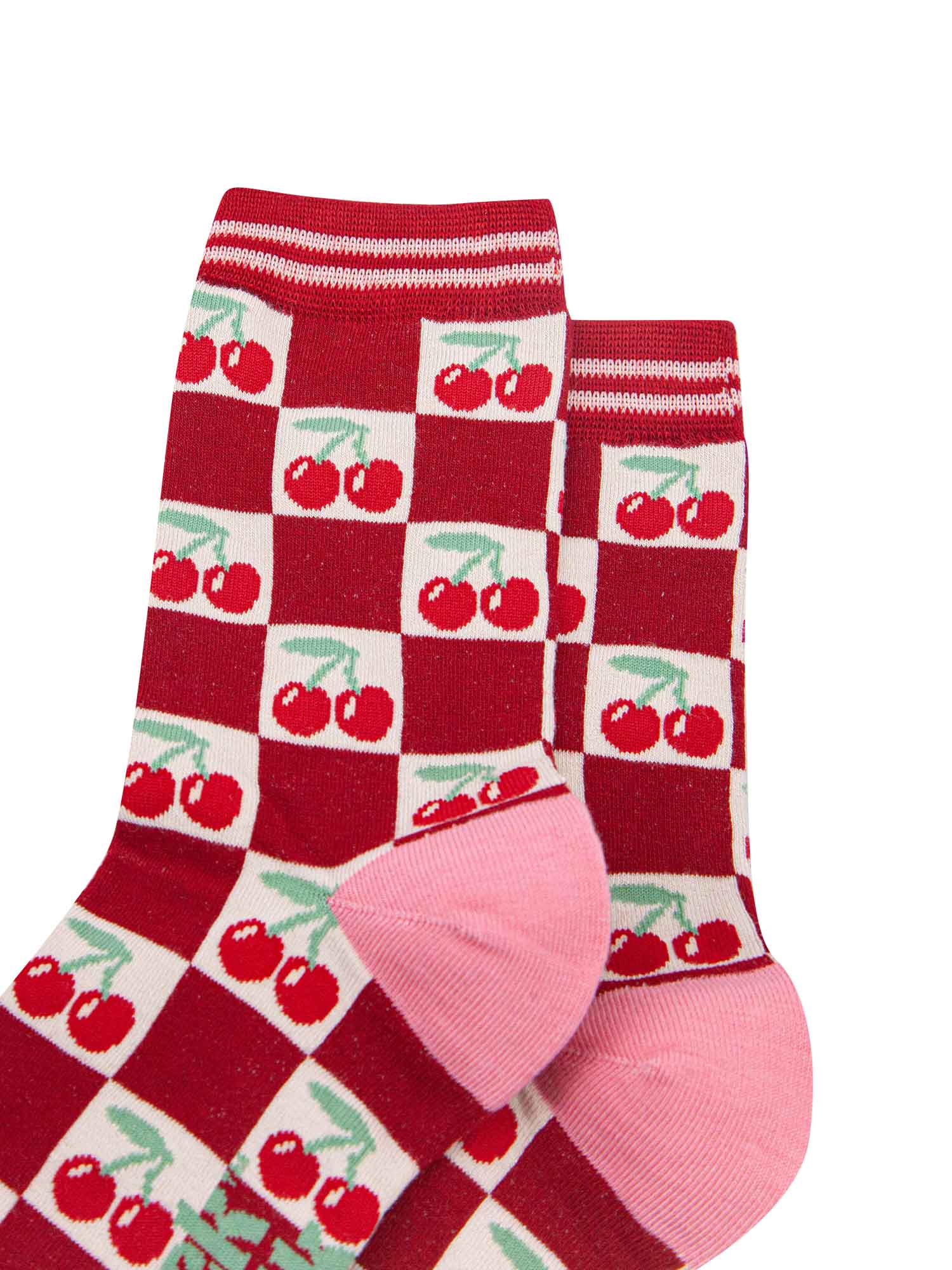 womens-bamboo-socks-cream-red-cherry-squares-close-up-of-the-check-pattern-featuring-red-cherries