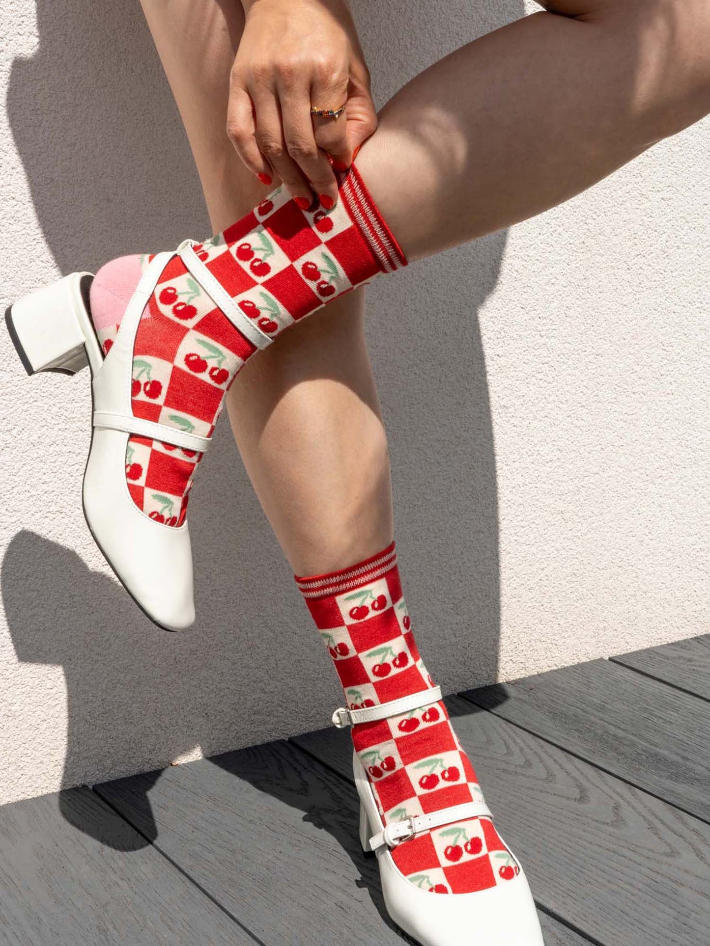 womens-bamboo-socks-cream-red-cherry-squares